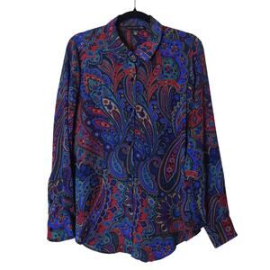 Joan Vass Paisley Slinky Button Up Blouse XL Retro Boho Art to Wear Red Blue